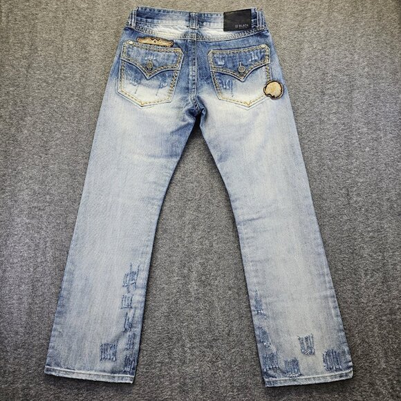Black Premium Jeans Distressed Boot Indian Chief & Liberty Patches Mens 30x32 - Picture 1 of 15